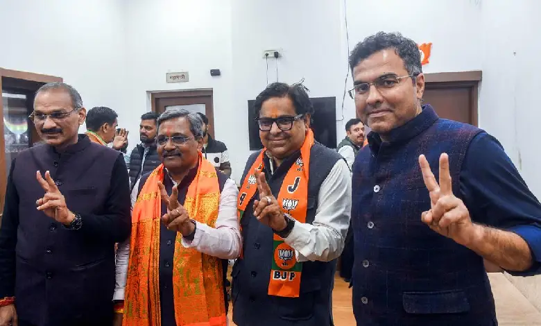 BJP Chief Minister taking oath in Delhi with PM Modi and other leaders at swearing-in ceremony.