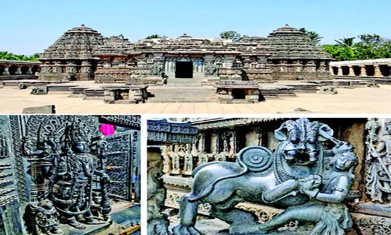 Detailed carvings and intricate artwork of Chennakeshava Temple, Karnataka, showcasing its ornate design.