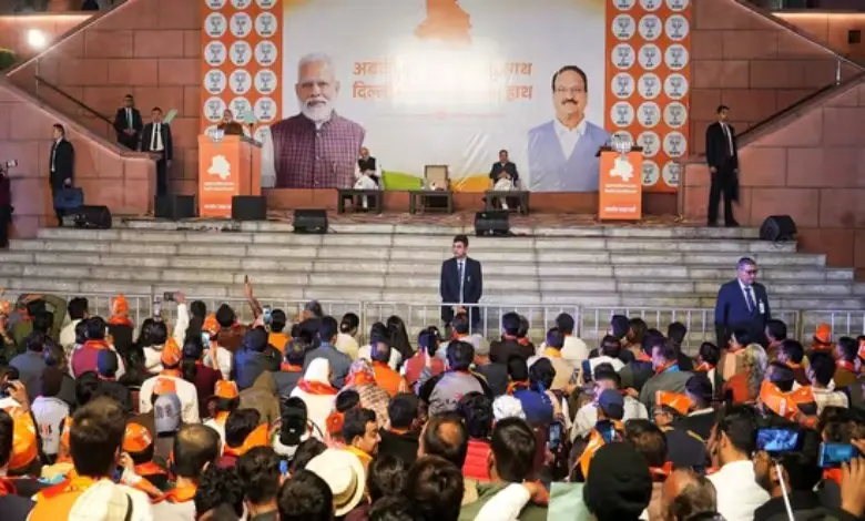 BJP leaders discussing Delhi Chief Minister candidate at legislative party meeting in New Delhi.