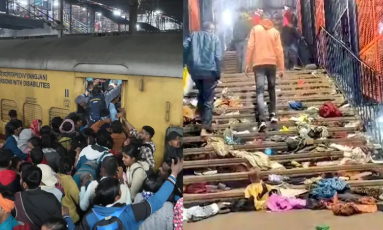 Crowded Delhi railway station with special Kumbh Mela trains and passengers boarding during rush hour.