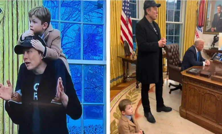 "Elon Musk's son interacting with Donald Trump at the White House, captured in a viral moment."