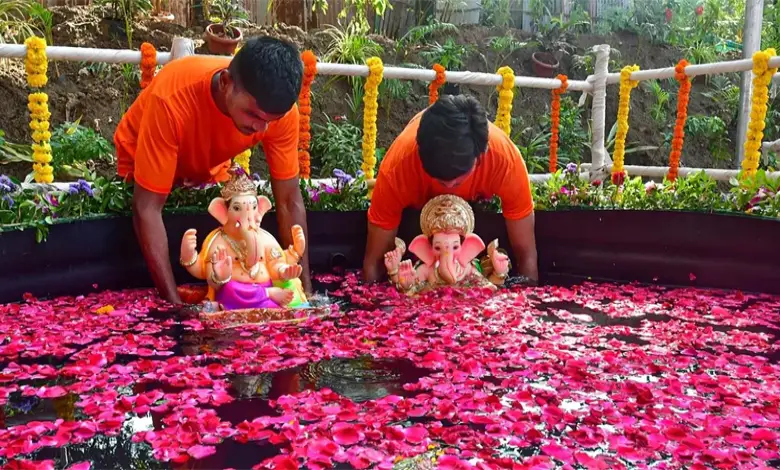 "Ganesh Mandals prepare for immersion in artificial pond after government meeting."