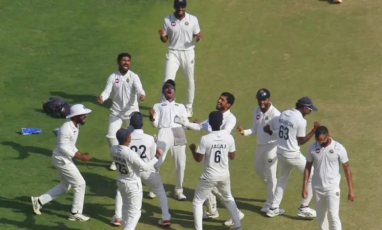 Gujarat cricket team reacting to semi-final loss against Kerala in a tense match moment.