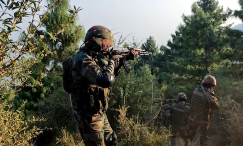 Indian Army soldiers monitoring LoC in Poonch sector after reported small arms fire from Pakistani troops.