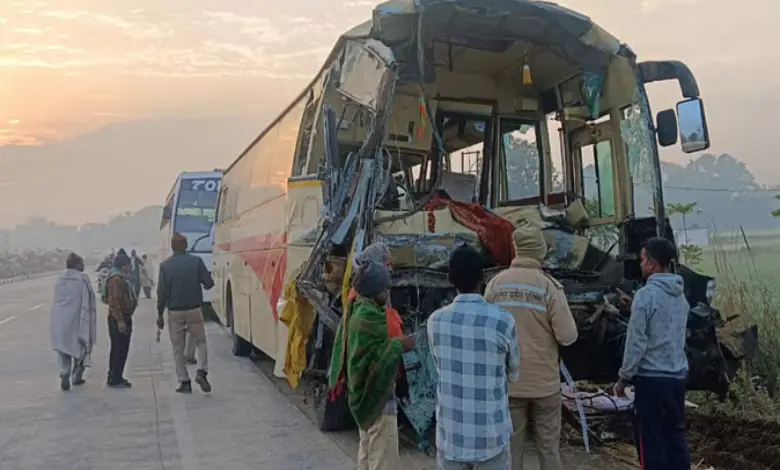 Scene of a major road accident in Jaunpur with wreckage, injured people, and emergency responders present.