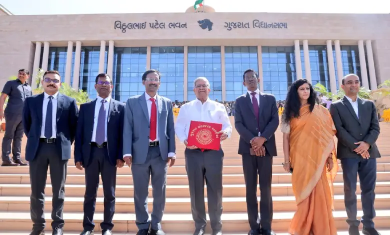 Finance Minister Kanubhai Desai presenting Gujarat Budget 2025