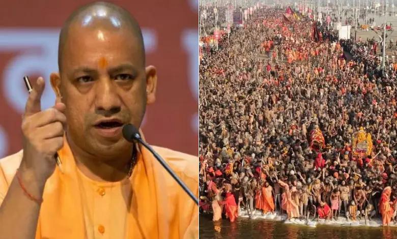 Image showing the vibrant Mahakumbh 2025 lawsuit   during Magh Purnima with CM Yogi connected  alert mode   monitoring the crowd.