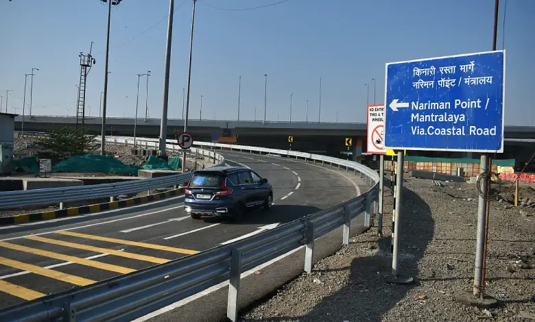 A view of the newly opened Haji Ali to Marine Drive interchange on Mumbai Coastal Road with active traffic.