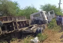 devastating accident occurred between a bus and a truck near Kera village on Mundra Road in Bhuj