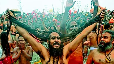 Devotees at a distance from Kumbh Mela, expressing longing and spiritual pain.