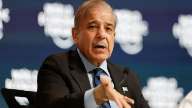 Shahbaz Sharif addressing Kashmir dispute during a press conference with Indian officials.