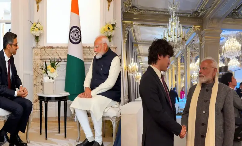 PM Narendra Modi discussing AI with Sundar Pichai and Alexandr Wang astatine  Paris Summit