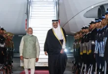 PM Modi greeting Qatar's Amir Sheikh Tamim at Delhi airport terminal