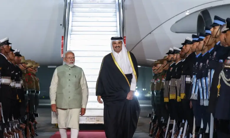 PM Modi greeting Qatar's Amir Sheikh Tamim at Delhi airport terminal