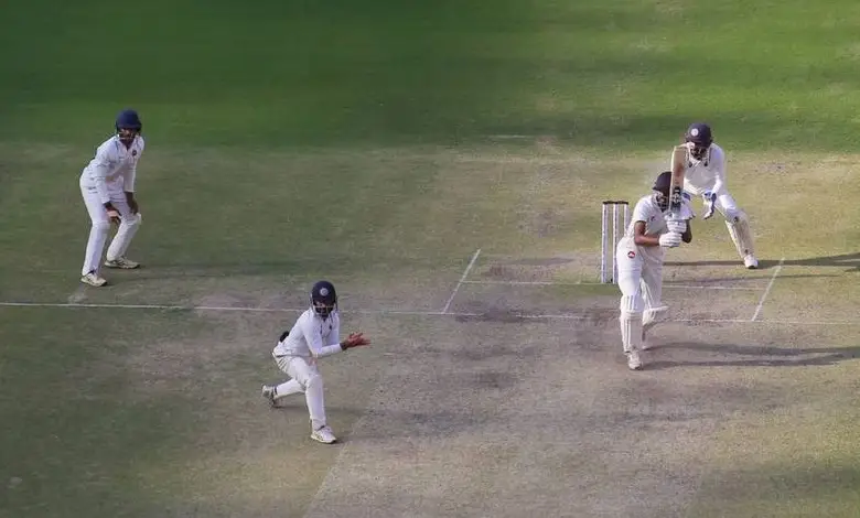 Kerala cricket team celebrating their narrow two-run lead against Gujarat in Ranji Trophy semi-final.