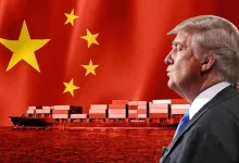 Donald Trump announcing new tariffs on Chinese goods at press conference.