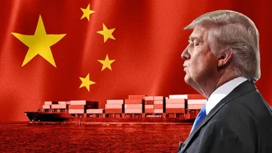 Donald Trump announcing new tariffs on Chinese goods at press conference.