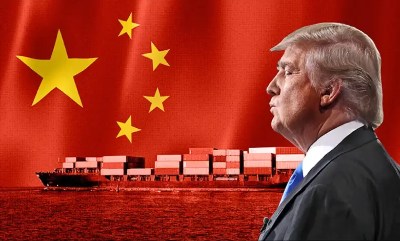 Donald Trump announcing new tariffs on Chinese goods at press conference.