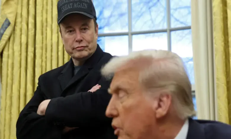 US President Donald Trump reacting at a press event discussing Elon Musk’s plan for a Tesla factory in India.