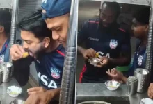 USA Cricket team enjoying pani puri flavors in Anand, Gujarat with a vibrant street food scene.