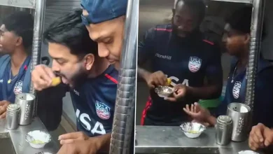 USA Cricket team enjoying pani puri flavors in Anand, Gujarat with a vibrant street food scene.