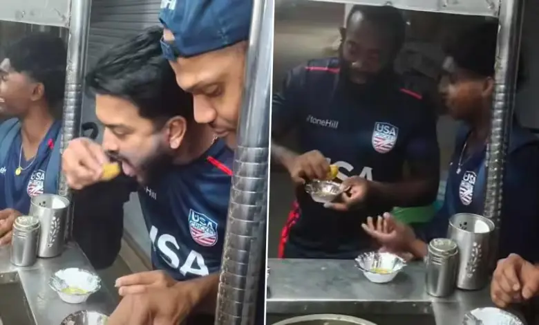 USA Cricket squad  enjoying pani puri flavors successful  Anand, Gujarat with a vibrant thoroughfare  nutrient  scene.