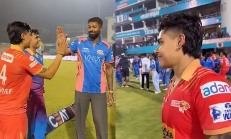 GG's Kashvee Gautam meets Hardik Pandya, Kashvee has inscribed HP33 on her bat