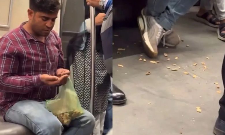 Man eats peanuts in metro and throws them in coach