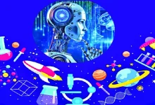 "AI technology advancing Indian science in futuristic lab"