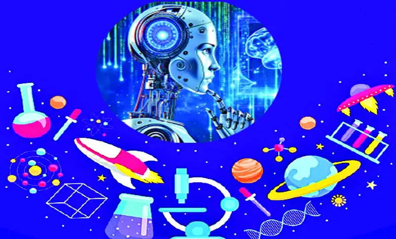 "AI technology advancing Indian science in futuristic lab"