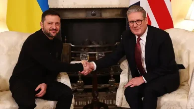 "Keir Starmer and Volodymyr Zelensky shaking hands during meeting at 10 Downing Street, London"