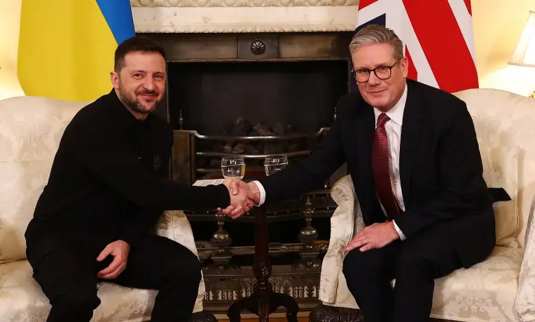 "Keir Starmer and Volodymyr Zelensky shaking hands during meeting at 10 Downing Street, London"