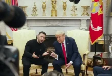 Donald Trump and Volodymyr Zelensky in Oval Office meeting discussing Ukraine aid