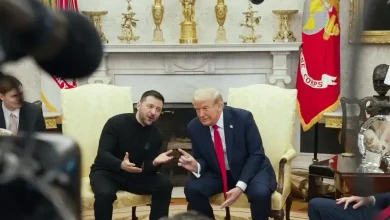 Donald Trump and Volodymyr Zelensky in Oval Office meeting discussing Ukraine aid