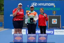 Madhura Dhamangaonkar celebrates winning gold at the Archery World Cup.