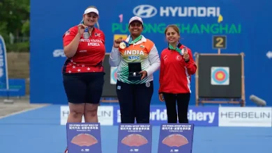 Madhura Dhamangaonkar celebrates winning gold at the Archery World Cup.