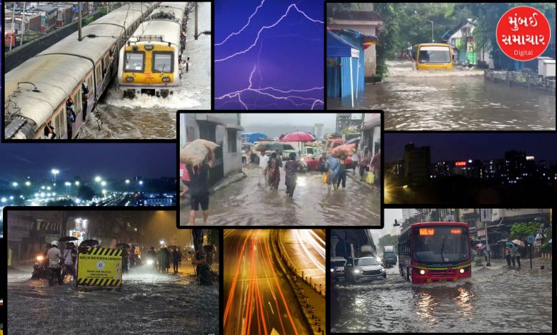 મુંબઈના રસ્તાઓ પર વરસાદી પાણી, ધીમી ટ્રાફિક અને ધોધમાર વરસાદ વચ્ચે પસાર થતી BEST બસ.