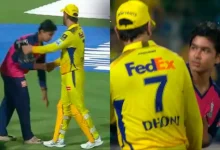 14-year-old Suryavanshi took blessings by touching the feet of 43-year-old Dhoni