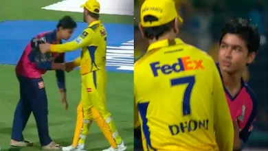 14-year-old Suryavanshi took blessings by touching the feet of 43-year-old Dhoni