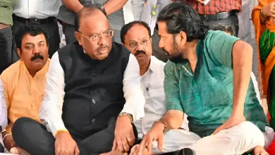Bachchu Kadu, a political leader, addressing a crowd or making an announcement about ending his hunger strike.