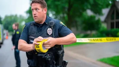 Police tape and emergency vehicles outside a residential home in Minnesota after a shooting incident.