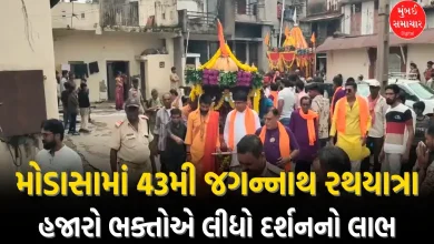 A large crowd gathers in the 43rd grand Rath Yatra of Shri Jagannathji in Modasa city