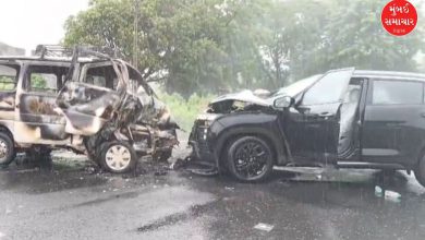 મહીસાગરમાં અકસ્માત સ્થળ પર સળગતી કાર અને બચાવ કામગીરી