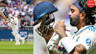 કે. એલ. રાહુલ બેટિંગ કરતા, બેકગ્રાઉન્ડમાં ક્રિકેટ સ્ટેડિયમ.