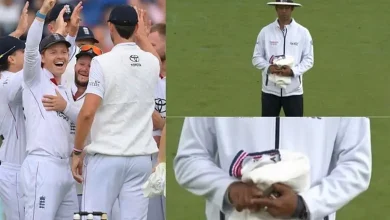 અમ્પાયર કુમાર ધર્મસેના ઈંગ્લેન્ડ-ભારત ટેસ્ટ મેચમાં સાઈ સુદર્શનના LBW અપીલ પર બેટ તરફ ઈશારો કરી રહ્યા છે.