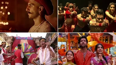 જુદા જુદા બોલીવૂડ ગીતો જેમ કે 'દેવા શ્રી ગણેશા', 'મોર્યા રે મોર્યા', 'મેરા હી જલવા', 'ગજાનન ગજાનન' અને 'સુનો ગણપતિ બપ્પા મોરયા'ના દ્રશ્યો દર્શાવતી એક તસવીર.