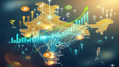 ભારતનો નકશો, તેના પર આર્થિક વિકાસ અને વૃદ્ધિ દર્શાવતા ગ્રાફ અને ડાયાગ્રામ.