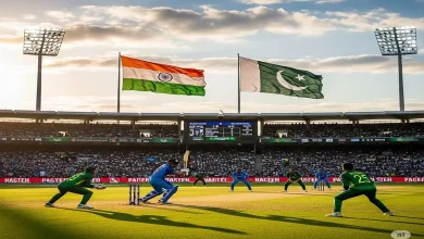 ભારત અને પાકિસ્તાનના ધ્વજ, બંને વચ્ચે મેચ રમાતી હોય તેવું દૃશ્ય.