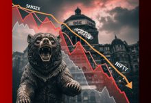 Stock market display showing decline in Sensex and Nifty due to investor selling pressure.