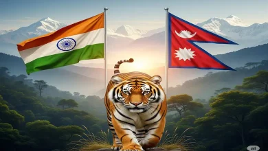 ભારત અને નેપાળના ધ્વજ, વાઘ અને અન્ય બિગ કેટ્સનું પ્રતીકાત્મક ચિત્ર, પર્યાવરણીય સંરક્ષણ દર્શાવતું.